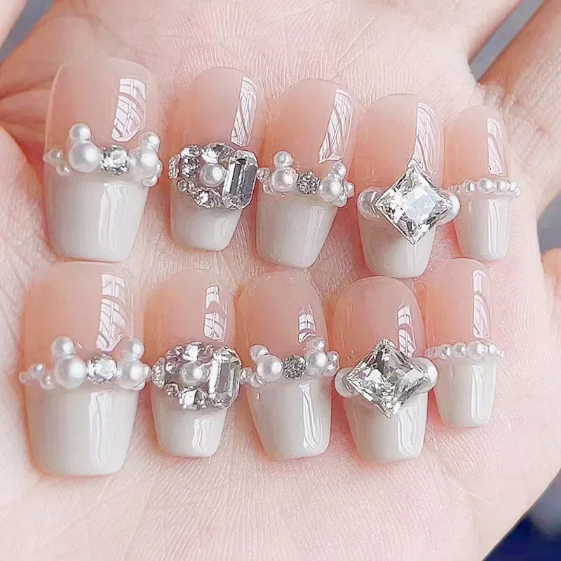 10Pcs Luxury Handmade Press on Nails Nude Fake Nail with Pearl Diamonds Design French Full Cover on Nails for Women and Girls