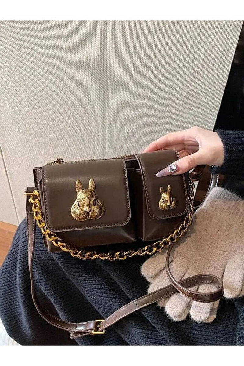 Women Camel Baguette Bag with Squirrel Accessory Design Stylish Shoulder Handbag
