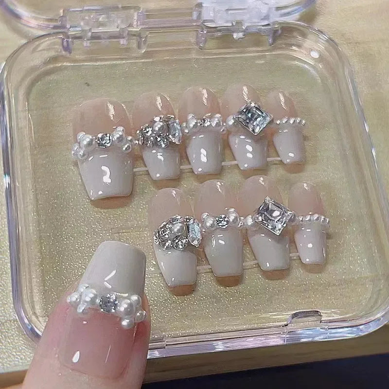 10Pcs Luxury Handmade Press on Nails Nude Fake Nail with Pearl Diamonds Design French Full Cover on Nails for Women and Girls