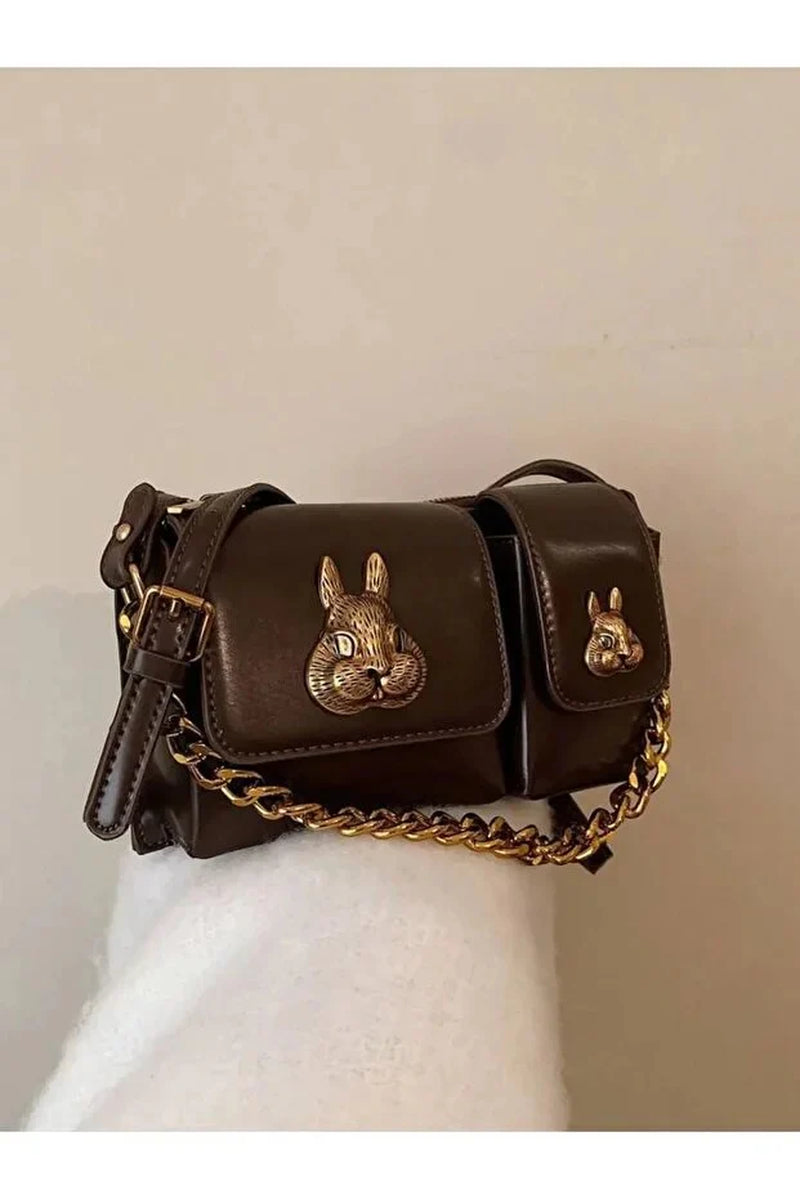 Women Camel Baguette Bag with Squirrel Accessory Design Stylish Shoulder Handbag