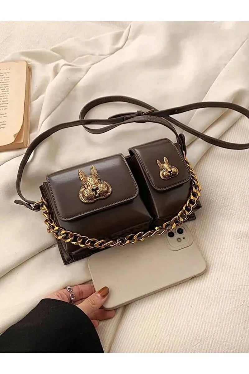 Women Camel Baguette Bag with Squirrel Accessory Design Stylish Shoulder Handbag