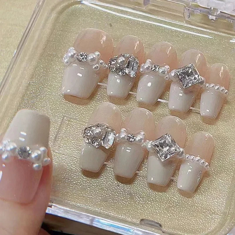 10Pcs Luxury Handmade Press on Nails Nude Fake Nail with Pearl Diamonds Design French Full Cover on Nails for Women and Girls