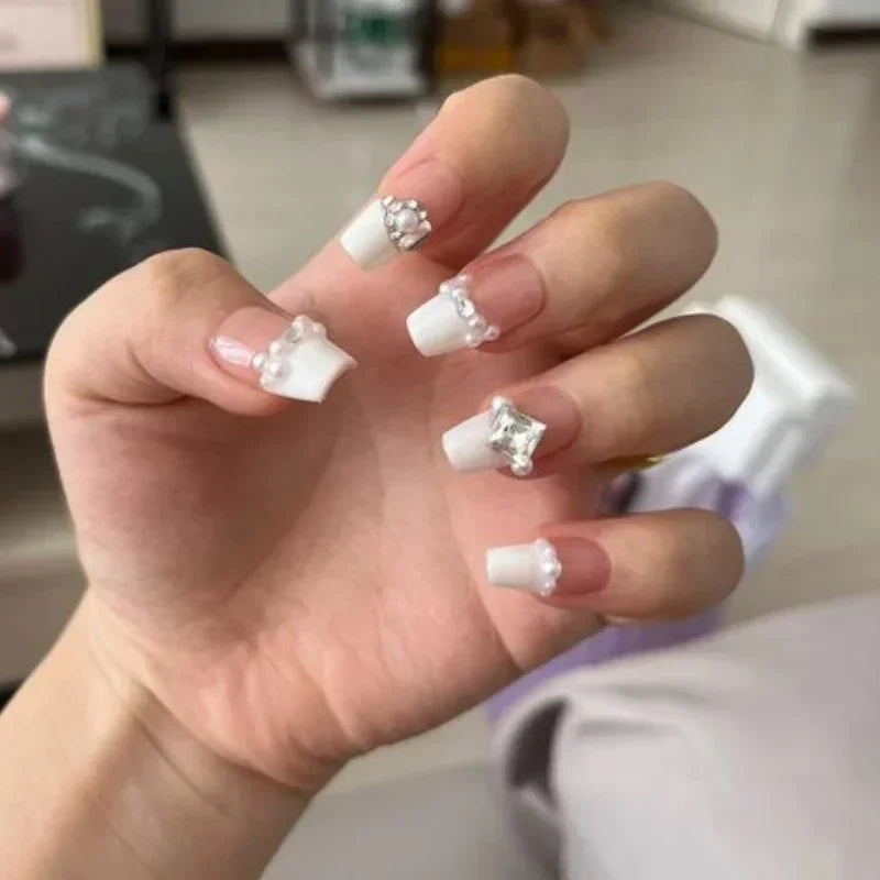 10Pcs Luxury Handmade Press on Nails Nude Fake Nail with Pearl Diamonds Design French Full Cover on Nails for Women and Girls